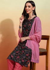 Women's Crepe Printed Straight Kurta Pant With Dupatta-ME109-BLKpnk-CRP-KPD